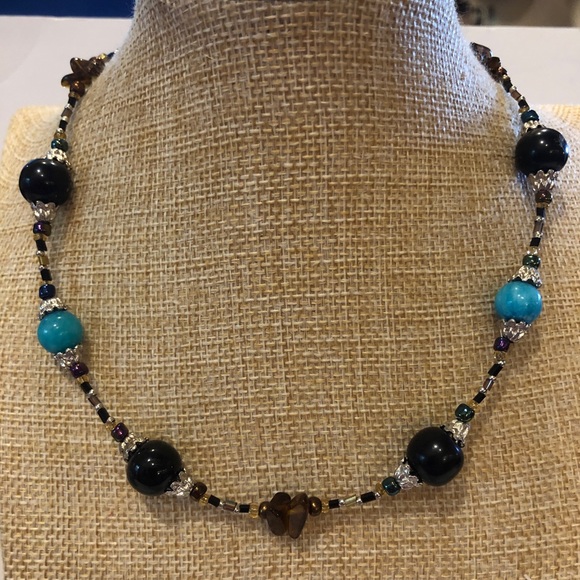 NWT Calypso Studios Necklace Handmade art glass black & teal w/ tigers eye chips - Picture 2 of 8